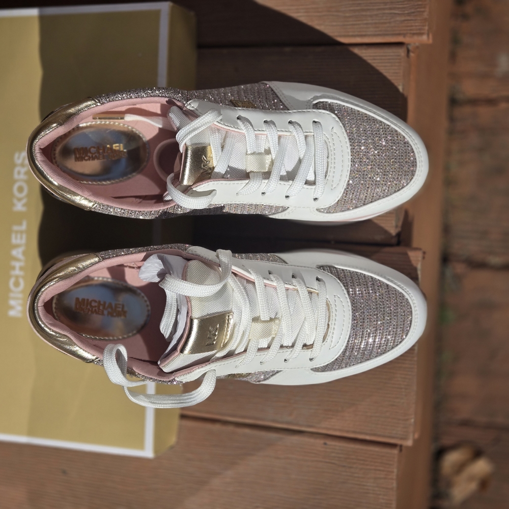 Michael Kors White and Gold Sneakers with Metallic Accents